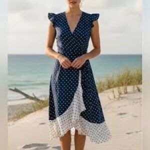 Summersalt The Beach to Brunch Wrap Dress in the Square Dot Deep Sea & White
